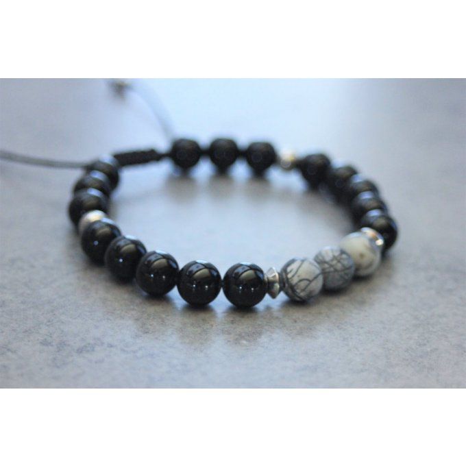 Bracelet perles onyx, jaspe picasso et acier inoxydable