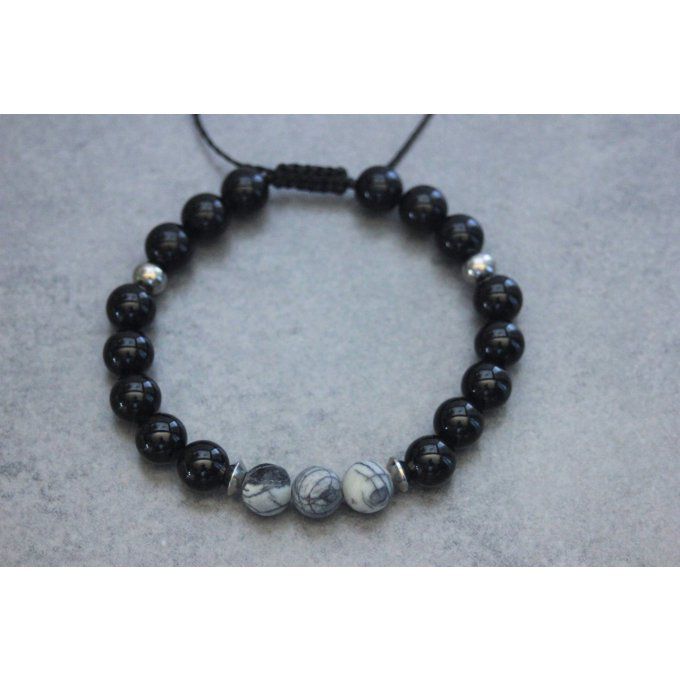 Bracelet perles onyx, jaspe picasso et acier inoxydable