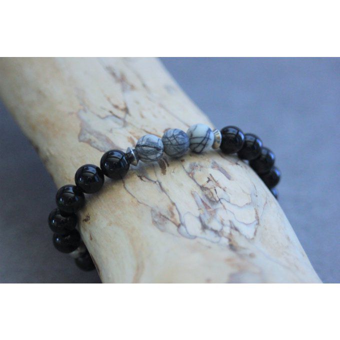 Bracelet perles onyx, jaspe picasso et acier inoxydable