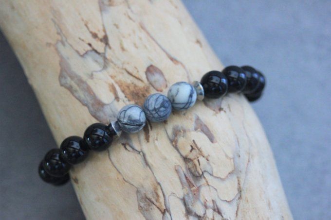 Ensemble de 2 bracelets onyx noir, perles jaspe picasso mat et acier