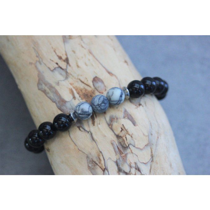 Bracelet perles onyx, jaspe picasso et acier inoxydable