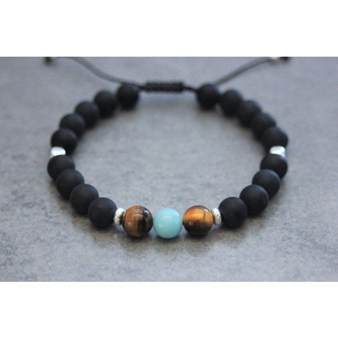 Bracelet perles onyx mat, oeil de tigre, amazonite et argent 925