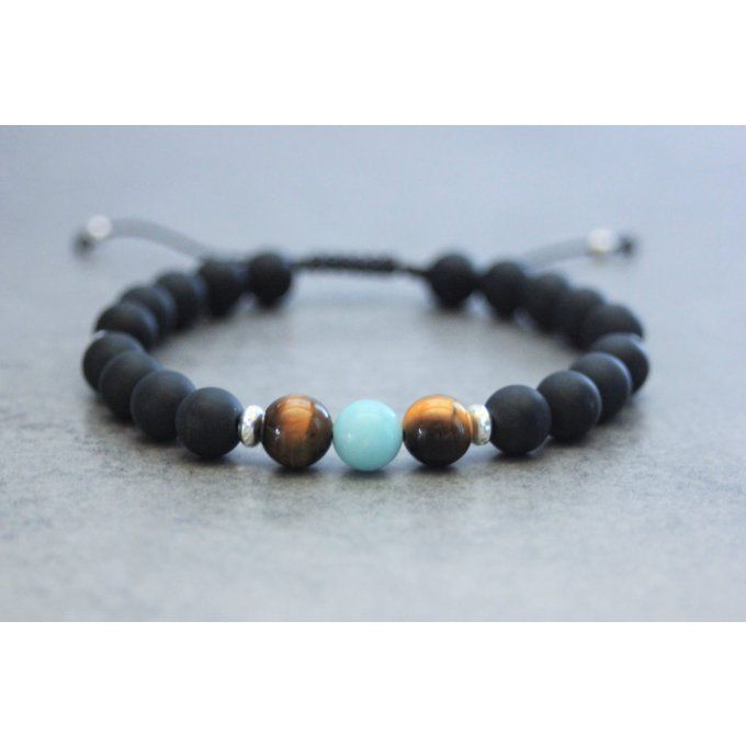 Bracelet perles onyx mat, oeil de tigre, amazonite et argent 925