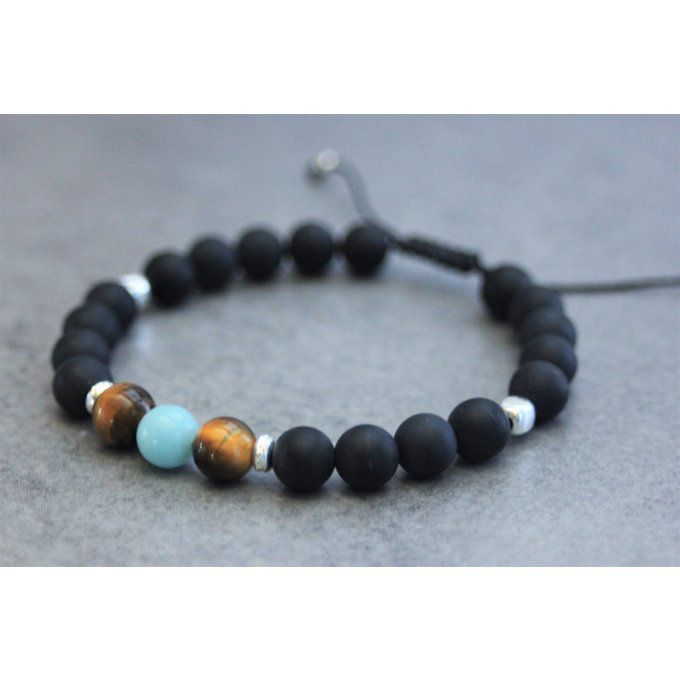 Bracelet perles onyx mat, oeil de tigre, amazonite et argent 925