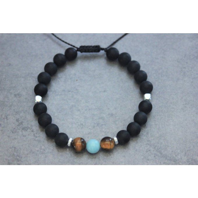 Bracelet perles onyx mat, oeil de tigre, amazonite et argent 925