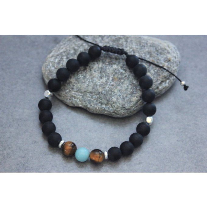 Bracelet perles onyx mat, oeil de tigre, amazonite et argent 925