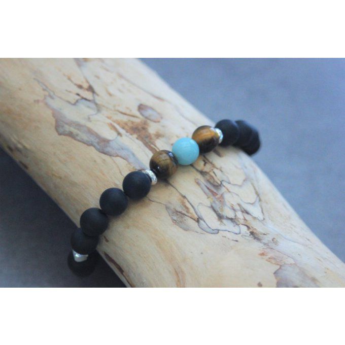 Bracelet perles onyx mat, oeil de tigre, amazonite et argent 925