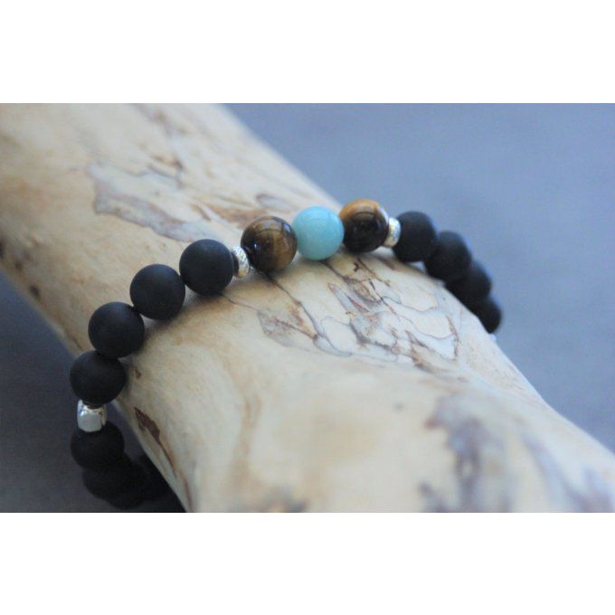 Bracelet perles onyx mat, oeil de tigre, amazonite et argent 925