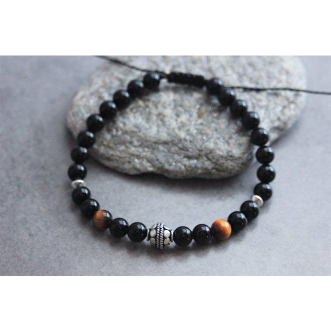 Bracelet perles onyx, oeil de tigre et argent massif 925