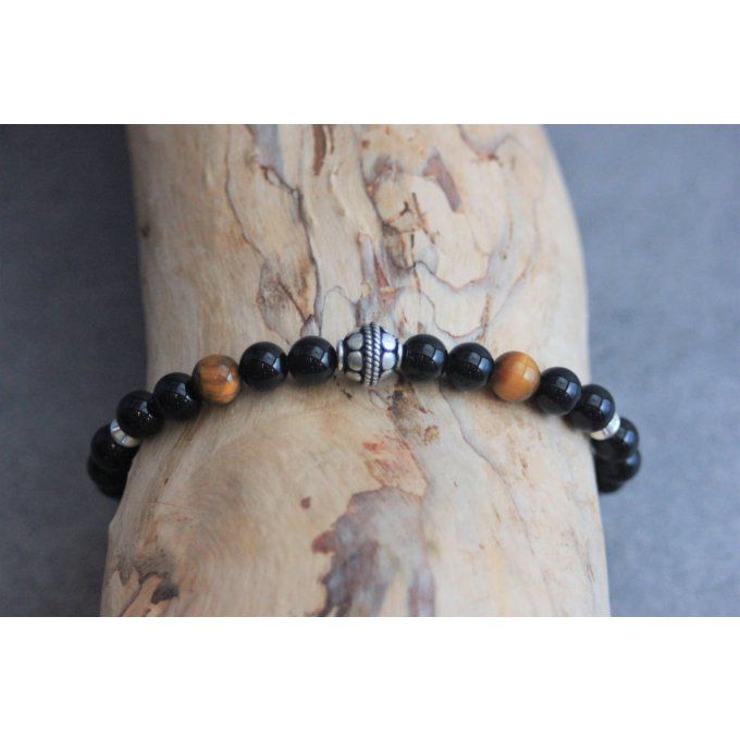 Bracelet perles onyx, oeil de tigre et argent massif 925