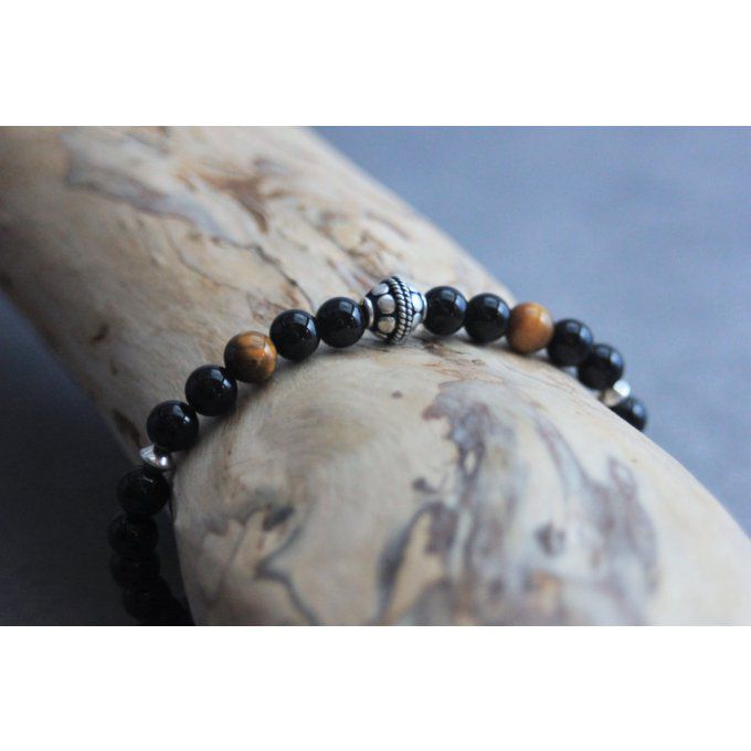 Bracelet perles onyx, oeil de tigre et argent massif 925