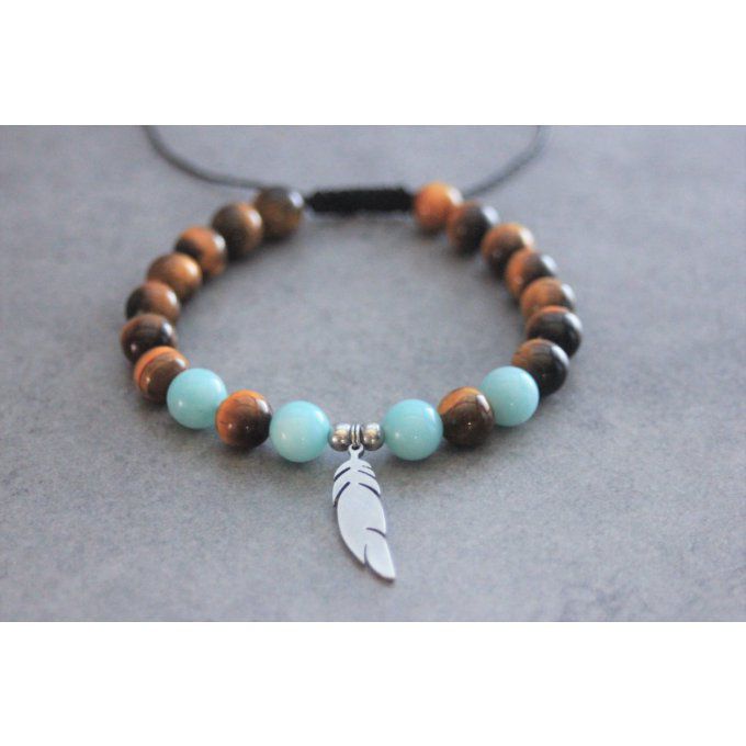 Bracelet perles oeil de tigre et amazonite avec plume acier inoxydable