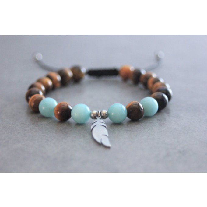 Bracelet perles oeil de tigre et amazonite avec plume acier inoxydable