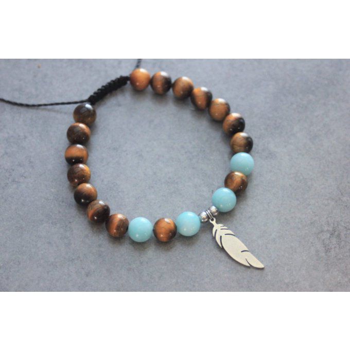 Bracelet perles oeil de tigre et amazonite avec plume acier inoxydable