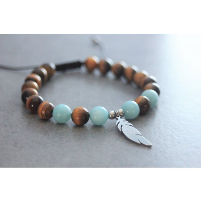 Bracelet perles oeil de tigre et amazonite avec plume acier inoxydable