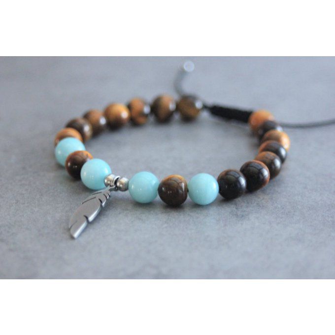 Bracelet perles oeil de tigre et amazonite avec plume acier inoxydable