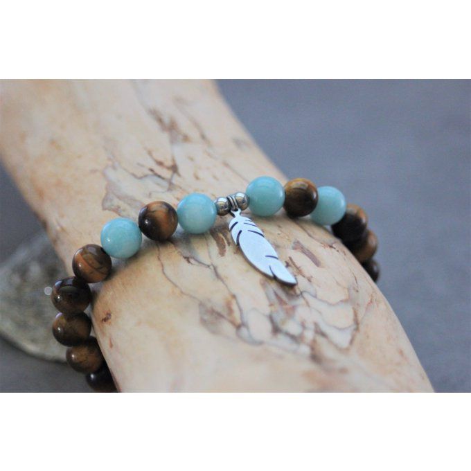 Bracelet perles oeil de tigre et amazonite avec plume acier inoxydable