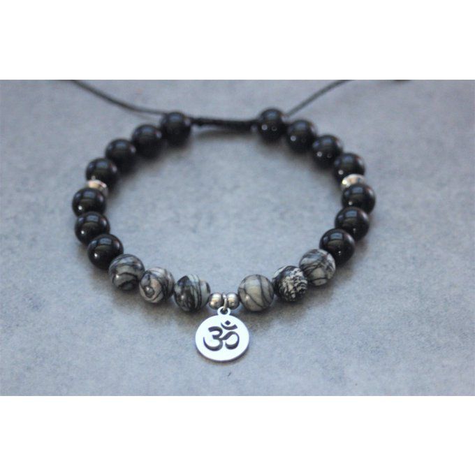 Bracelet perles onyx, jaspe picasso et breloque Ohm acier inoxydable 