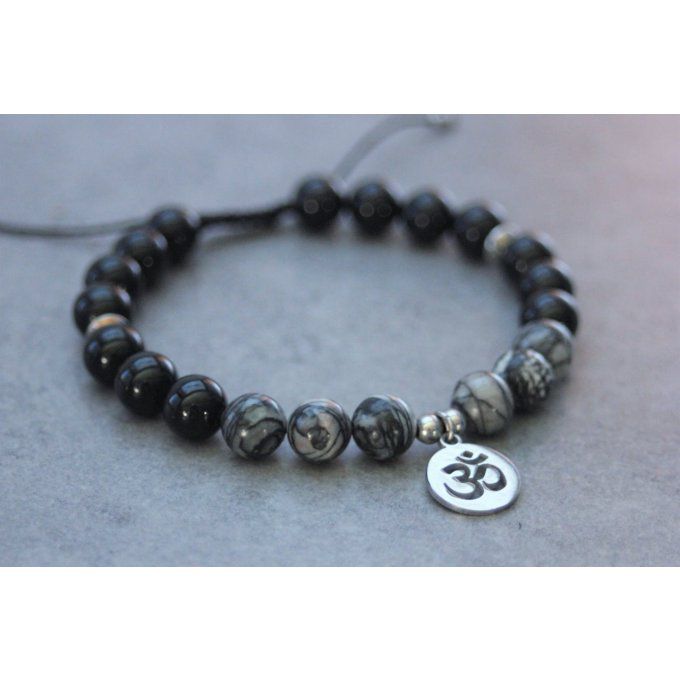 Bracelet perles onyx, jaspe picasso et breloque Ohm acier inoxydable 