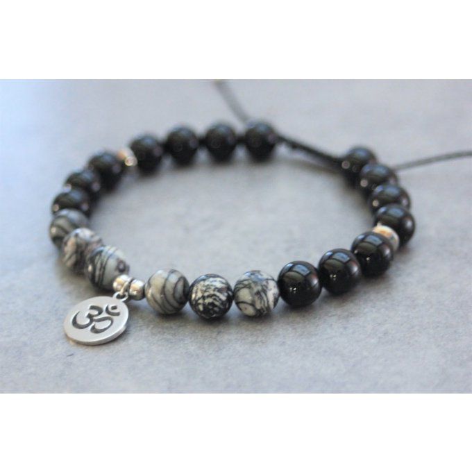 Bracelet perles onyx, jaspe picasso et breloque Ohm acier inoxydable 