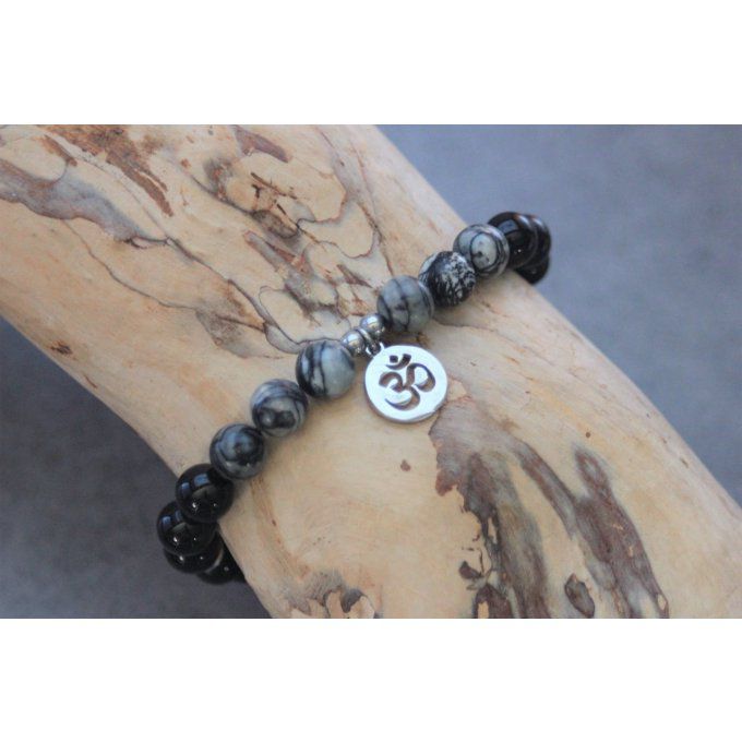 Bracelet perles onyx, jaspe picasso et breloque Ohm acier inoxydable 