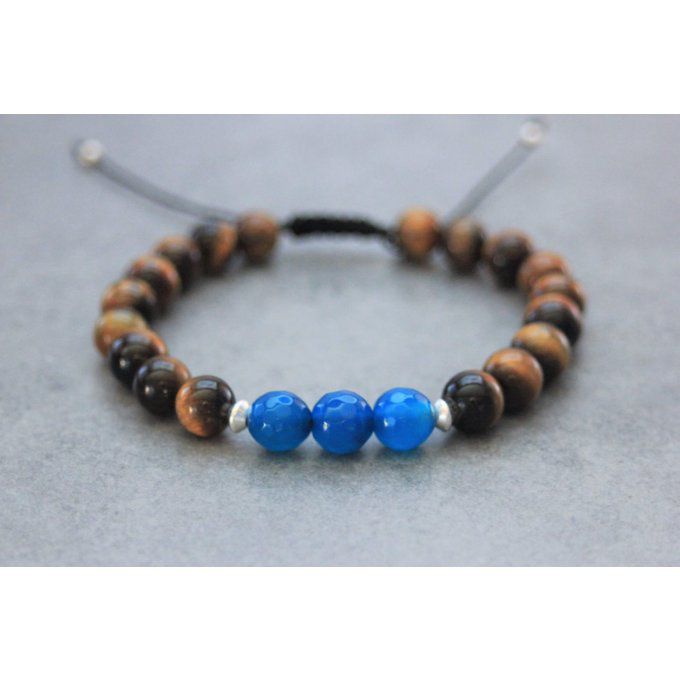 Bracelet perles oeil de tigre, agate bleu et argent 925