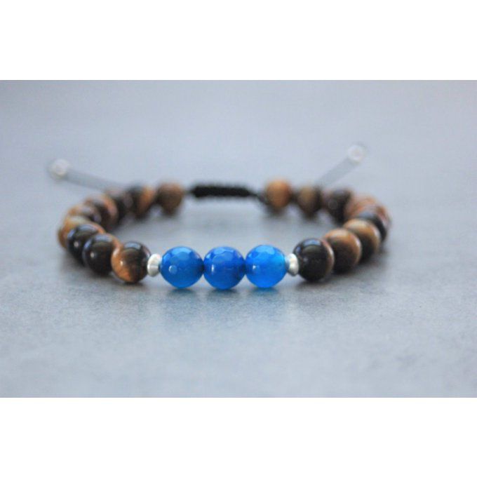 Bracelet perles oeil de tigre, agate bleu et argent 925