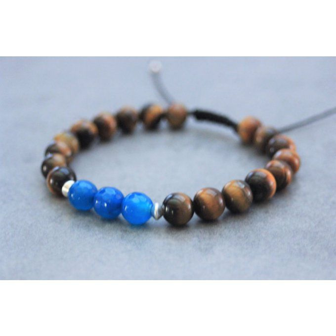 Bracelet perles oeil de tigre, agate bleu et argent 925