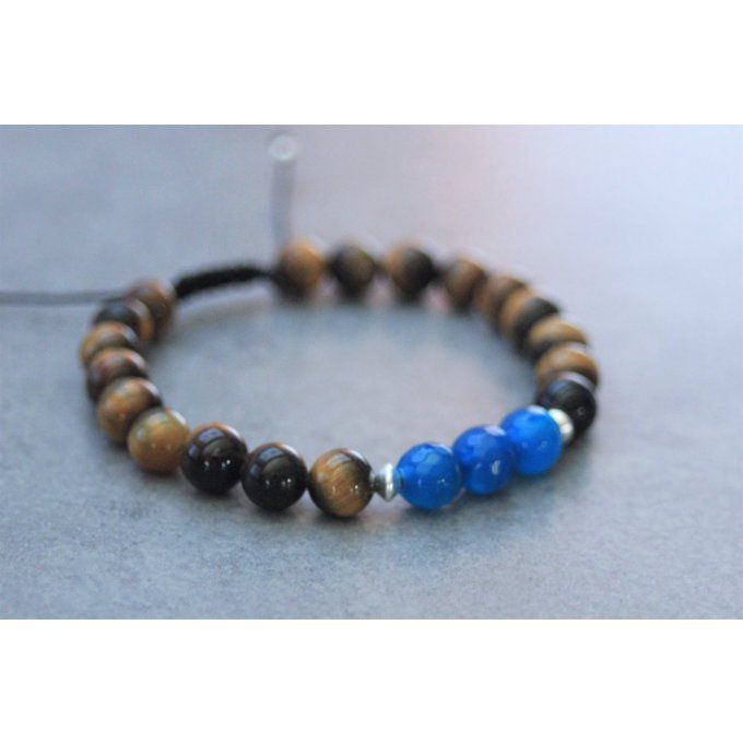 Bracelet perles oeil de tigre, agate bleu et argent 925