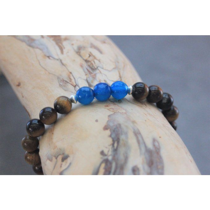 Bracelet perles oeil de tigre, agate bleu et argent 925