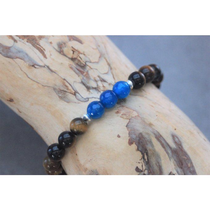 Bracelet perles oeil de tigre, agate bleu et argent 925