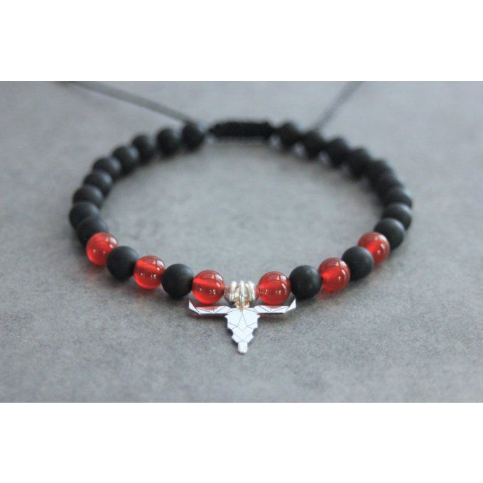 Bracelet perles onyx mat, agate rouge et tête de buffle en argent 925