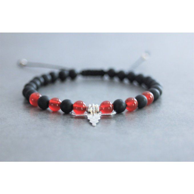 Bracelet perles onyx mat, agate rouge et tête de buffle en argent 925