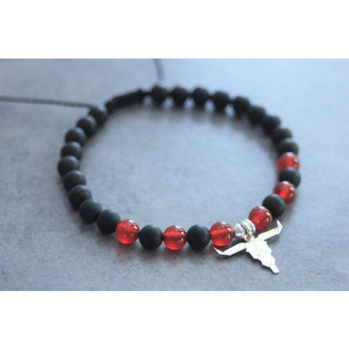 Bracelet perles onyx mat, agate rouge et tête de buffle en argent 925