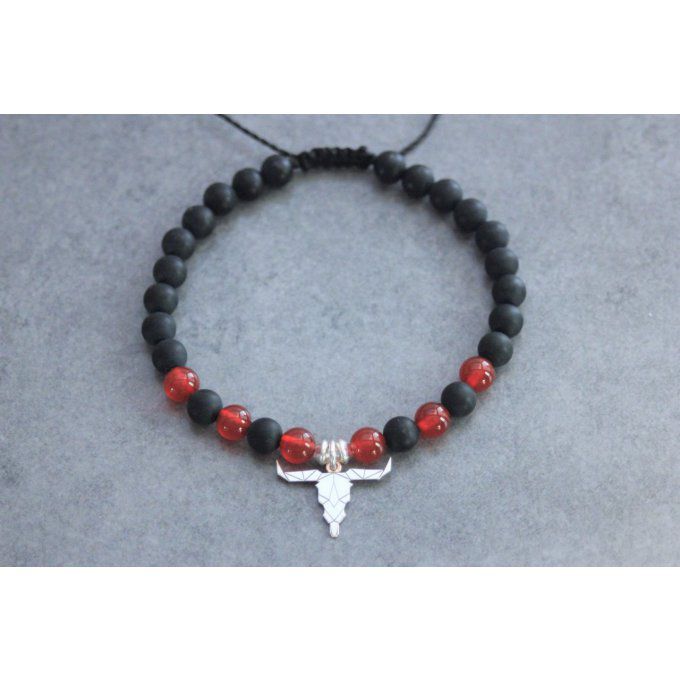 Bracelet perles onyx mat, agate rouge et tête de buffle en argent 925