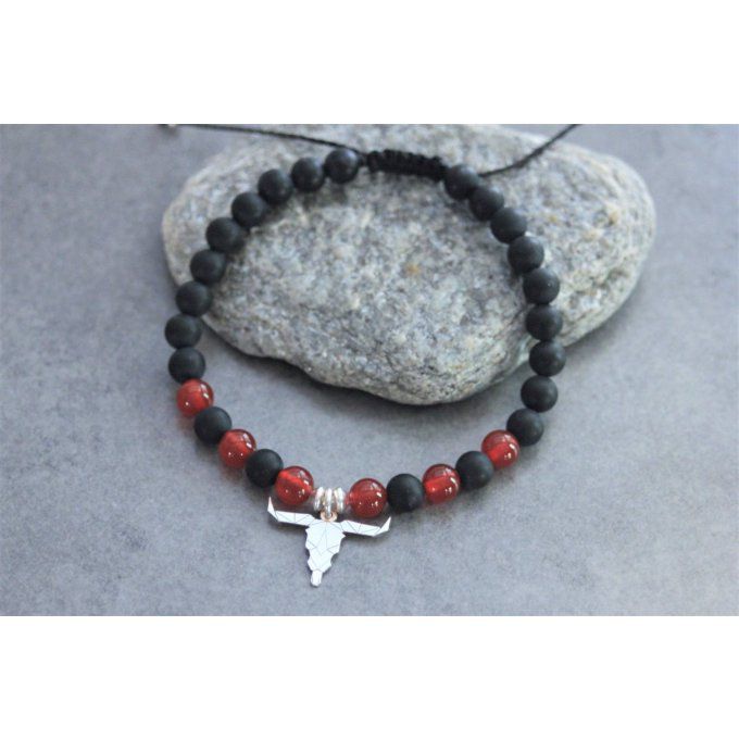 Bracelet perles onyx mat, agate rouge et tête de buffle en argent 925