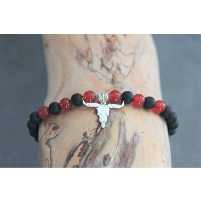 Bracelet perles onyx mat, agate rouge et tête de buffle en argent 925