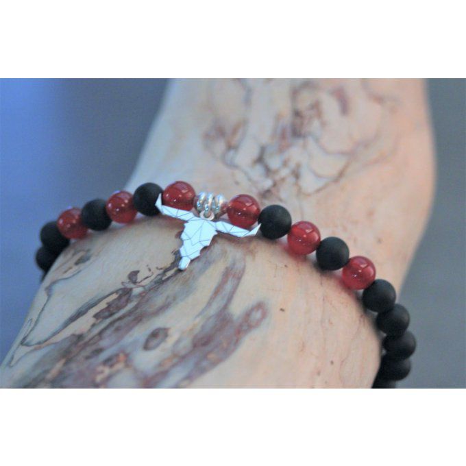 Bracelet perles onyx mat, agate rouge et tête de buffle en argent 925