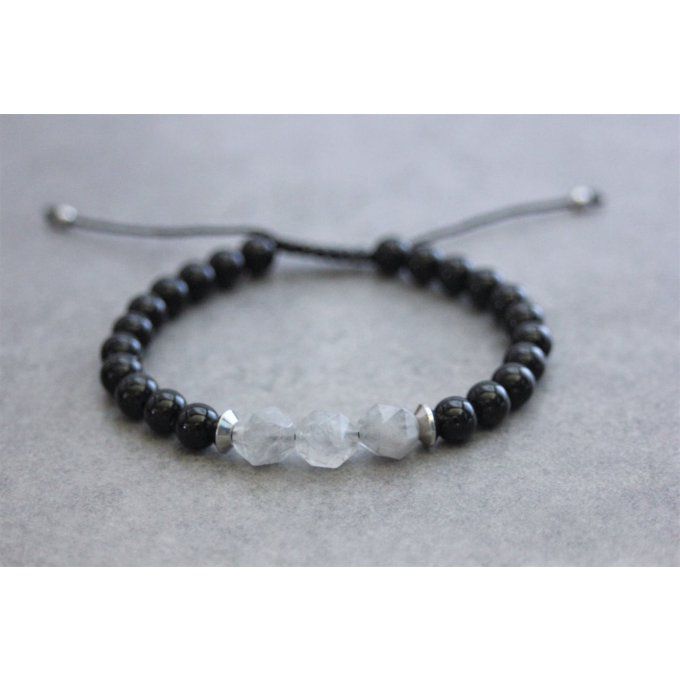 Bracelet en perles onyx mat, quartz gris et acier inoxydable