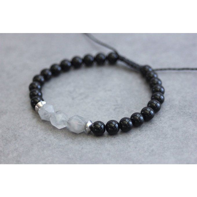 Bracelet en perles onyx mat, quartz gris et acier inoxydable