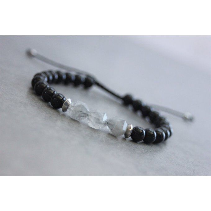 Bracelet en perles onyx mat, quartz gris et acier inoxydable