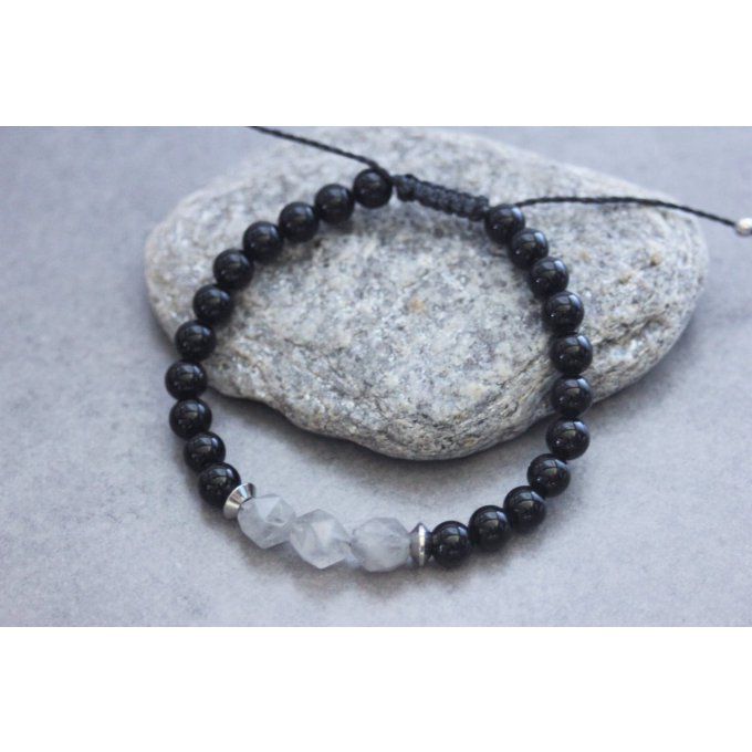 Bracelet en perles onyx mat, quartz gris et acier inoxydable