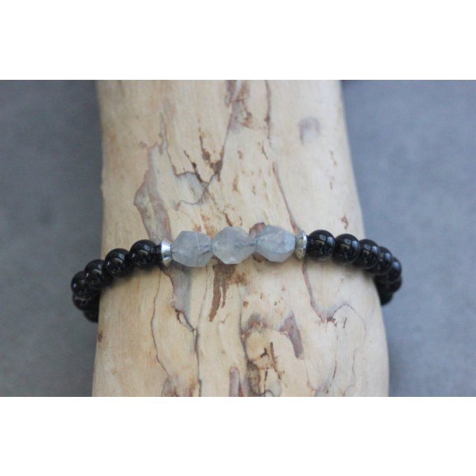 Bracelet en perles onyx mat, quartz gris et acier inoxydable