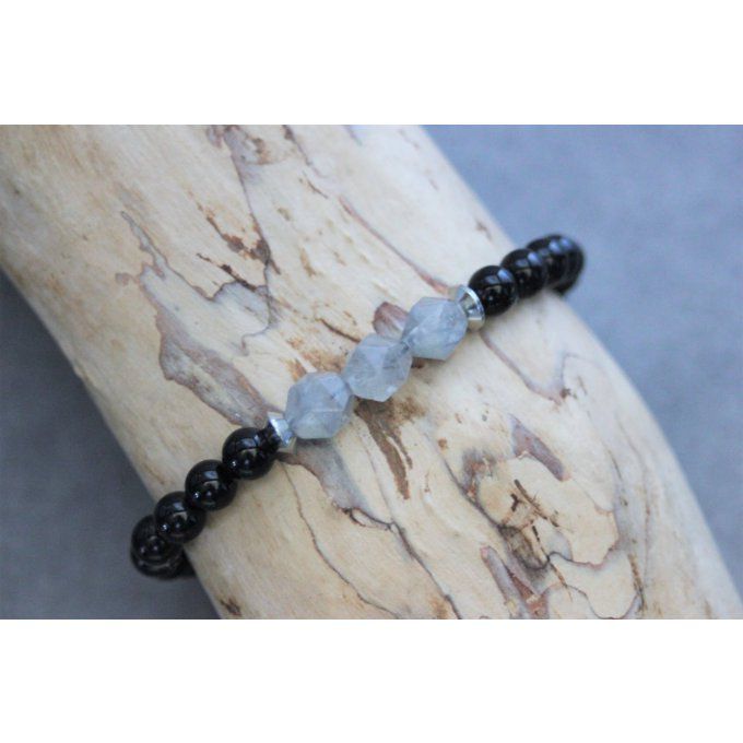 Bracelet en perles onyx mat, quartz gris et acier inoxydable