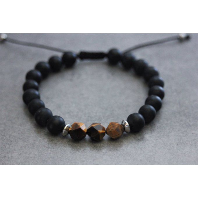 Bracelet en perles onyx mat, oeil de tigre et acier inoxydable