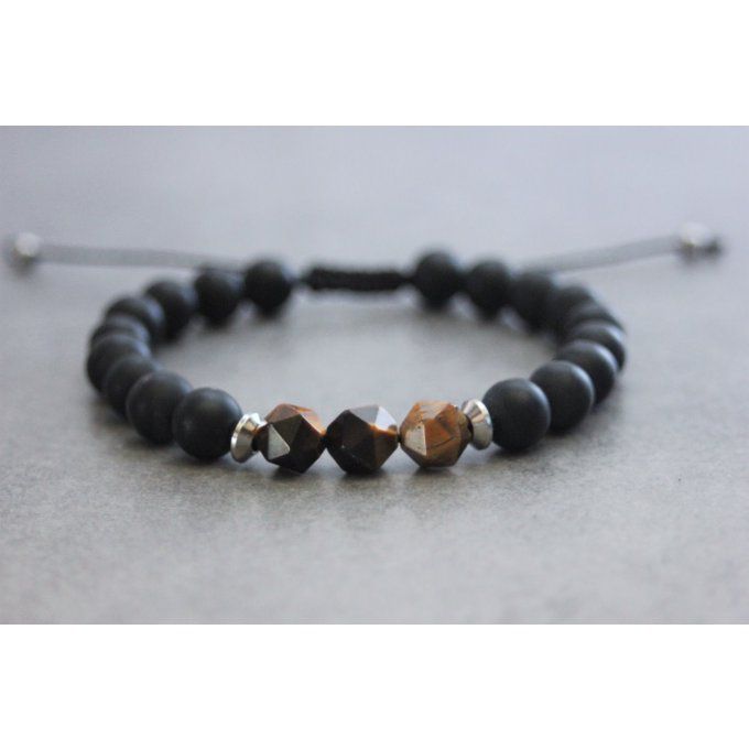 Bracelet en perles onyx mat, oeil de tigre et acier inoxydable