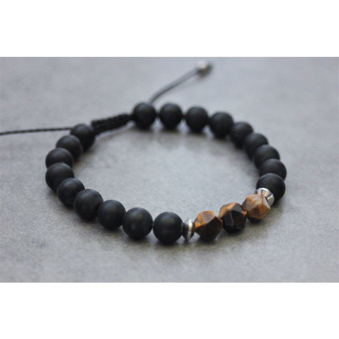 Bracelet en perles onyx mat, oeil de tigre et acier inoxydable