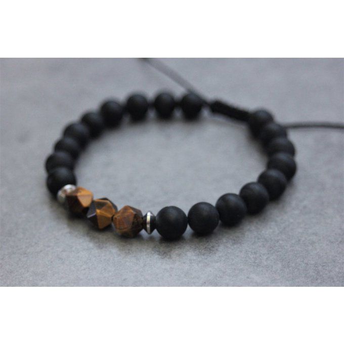 Bracelet en perles onyx mat, oeil de tigre et acier inoxydable