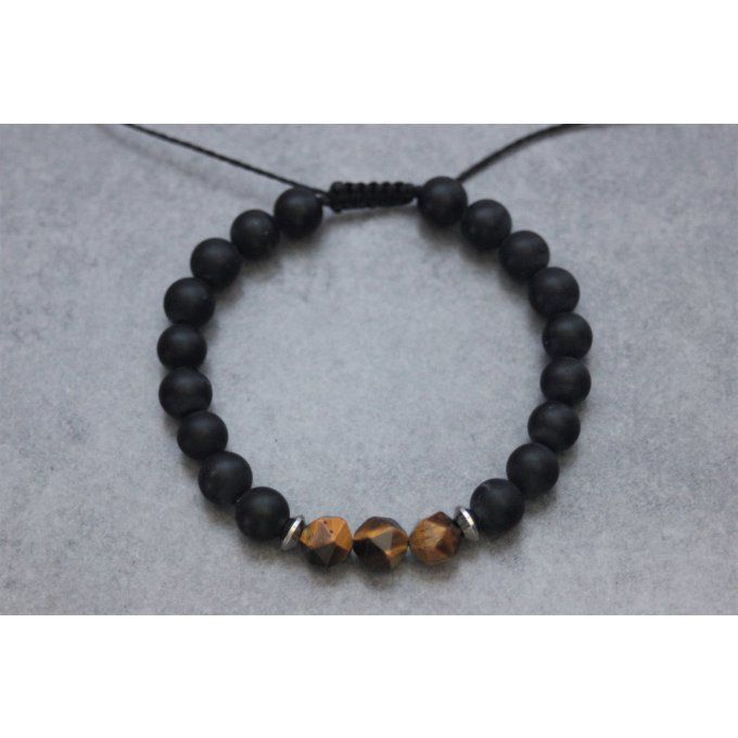 Bracelet en perles onyx mat, oeil de tigre et acier inoxydable