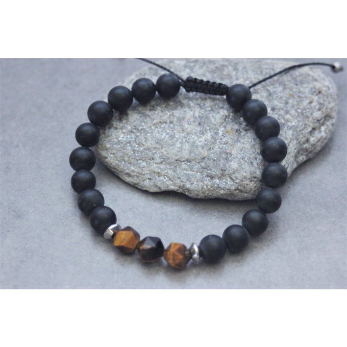 Bracelet en perles onyx mat, oeil de tigre et acier inoxydable